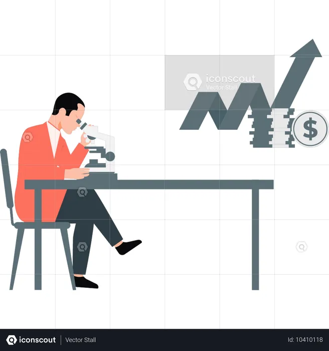 Un jeune homme regarde un graphique de croissance au microscope  Illustration