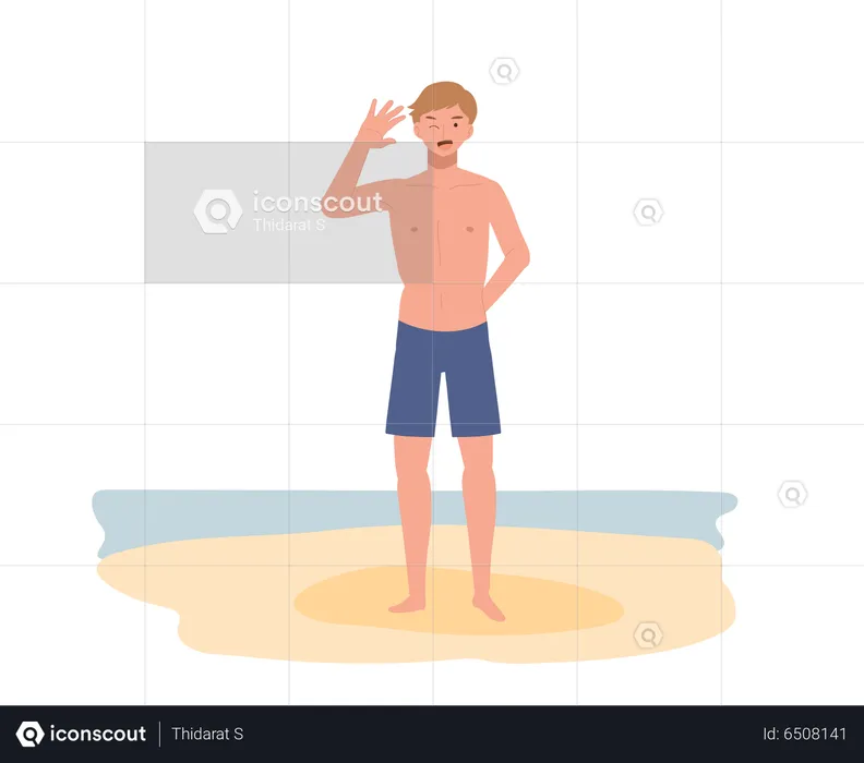 Jeune homme souriant en maillot de bain sur la plage  Illustration