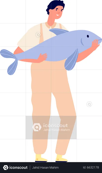 Jeune homme tenant un poisson  Illustration