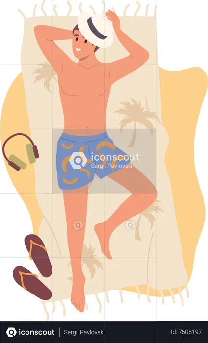 Jeune homme touriste allongé sur une serviette de plage profitant du repos au bord de la mer d'une station tropicale  Illustration