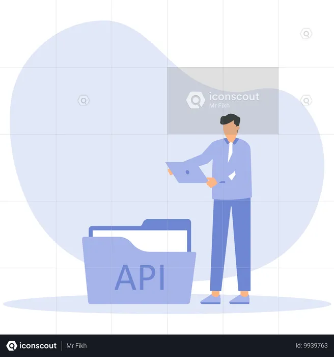 Jeune homme travaillant sur une application API  Illustration