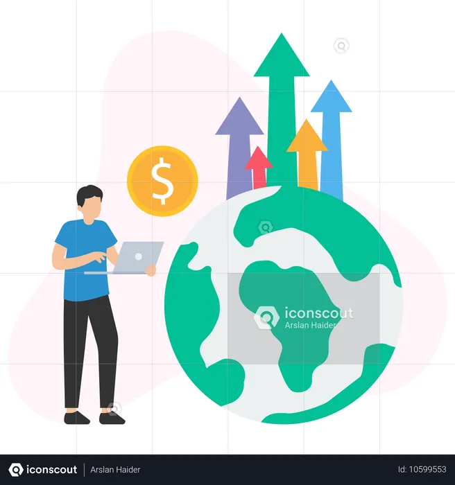 Jeune homme travaillant sur Economy Status  Illustration