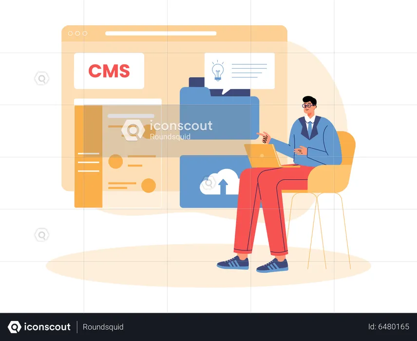 Jeune homme travaillant sur le système CMS  Illustration