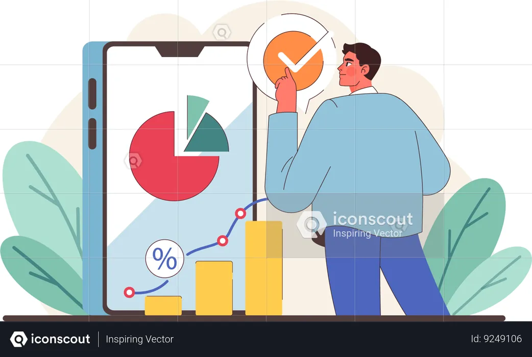 Jeune homme travaillant sur un tableau d'analyse en ligne  Illustration