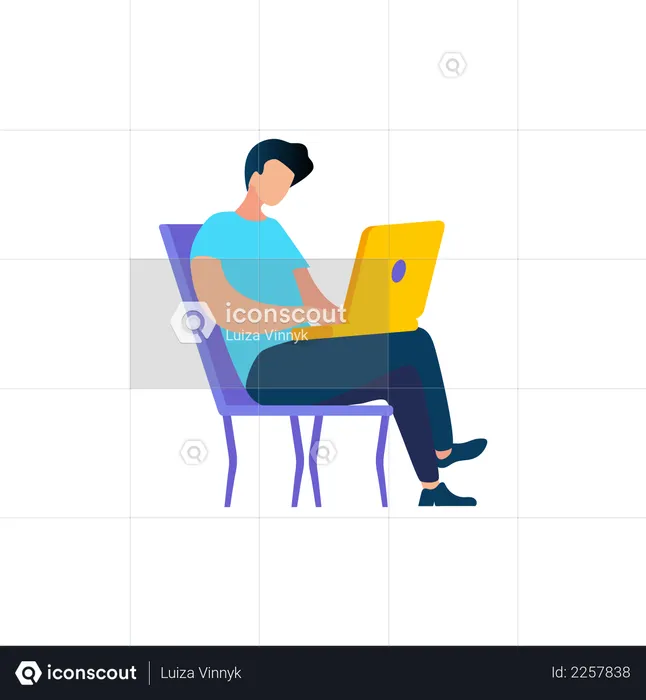 Jeune homme utilisant un ordinateur portable tout en étant assis sur une chaise  Illustration