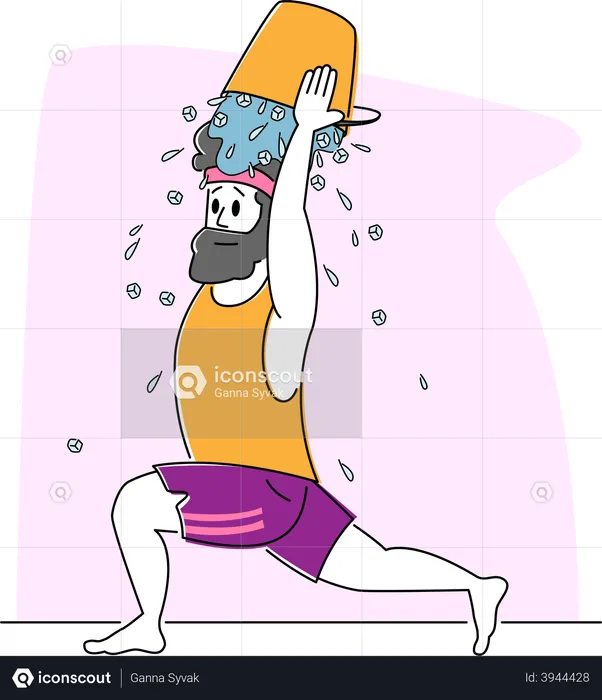 Jeune homme versant un seau d'eau glacée sur la tête  Illustration
