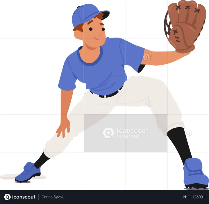 Un jeune joueur de baseball portant un uniforme bleu est prêt à attraper la balle avec son gant  Illustration