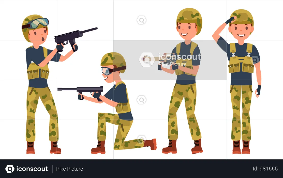 Jeune homme soldat de l'armée avec une pose différente  Illustration