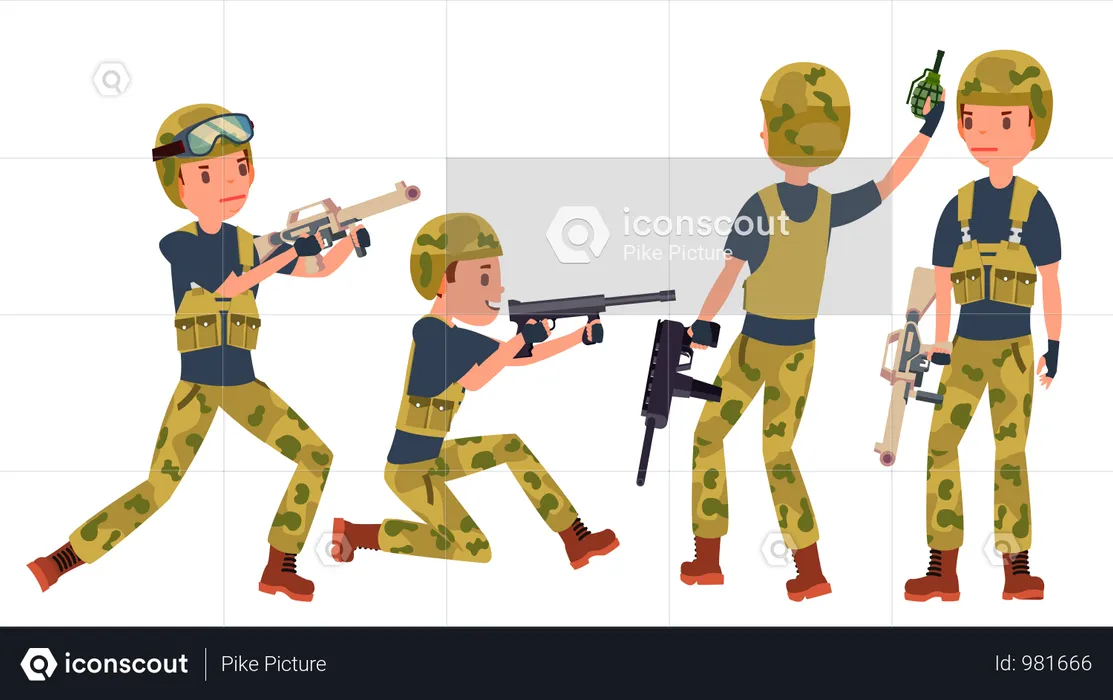 Jeune homme soldat de l'armée avec une pose différente  Illustration