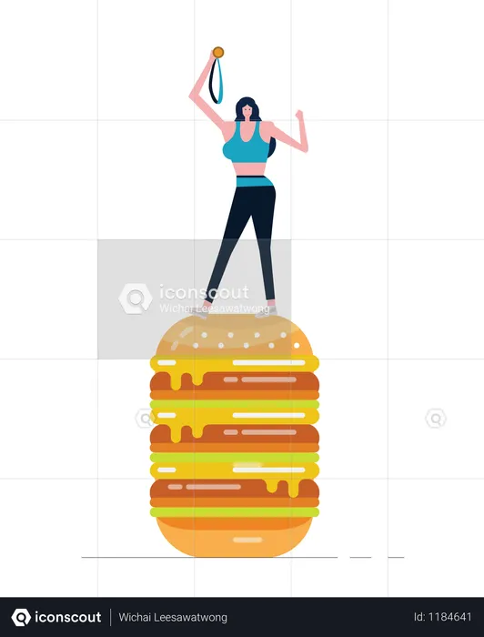 Jeune femme sportive tenant une médaille d'or debout sur un gros hamburger  Illustration