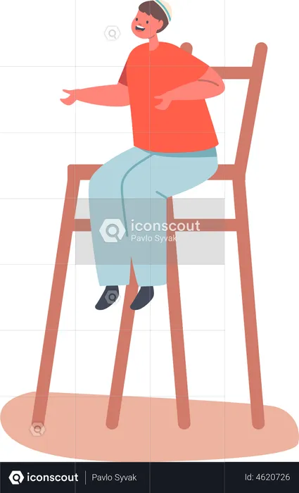 Jew Boy Wear Kippah Hat Sitting on Chair  Illustration