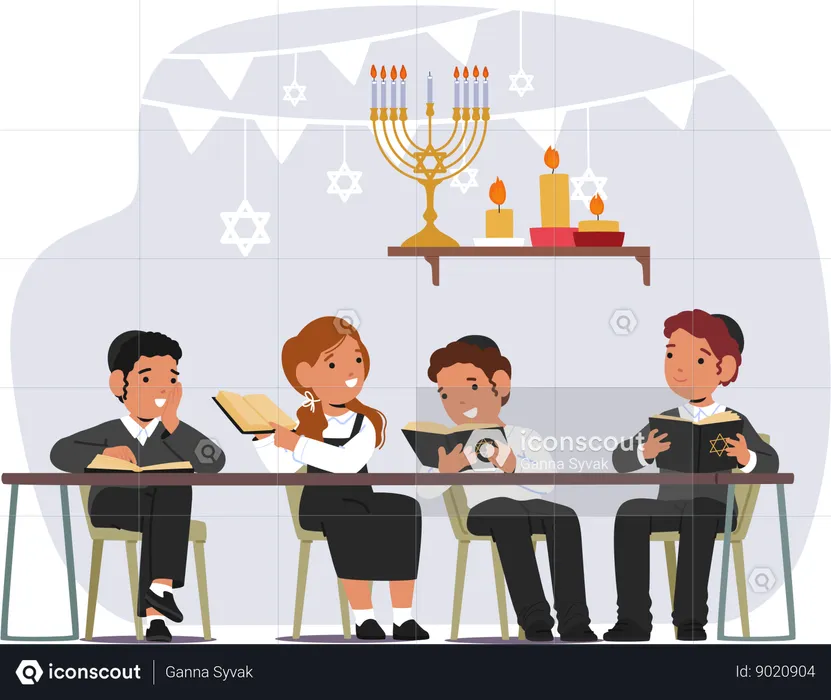 Jewish Children Diligently Study Torah  Illustration