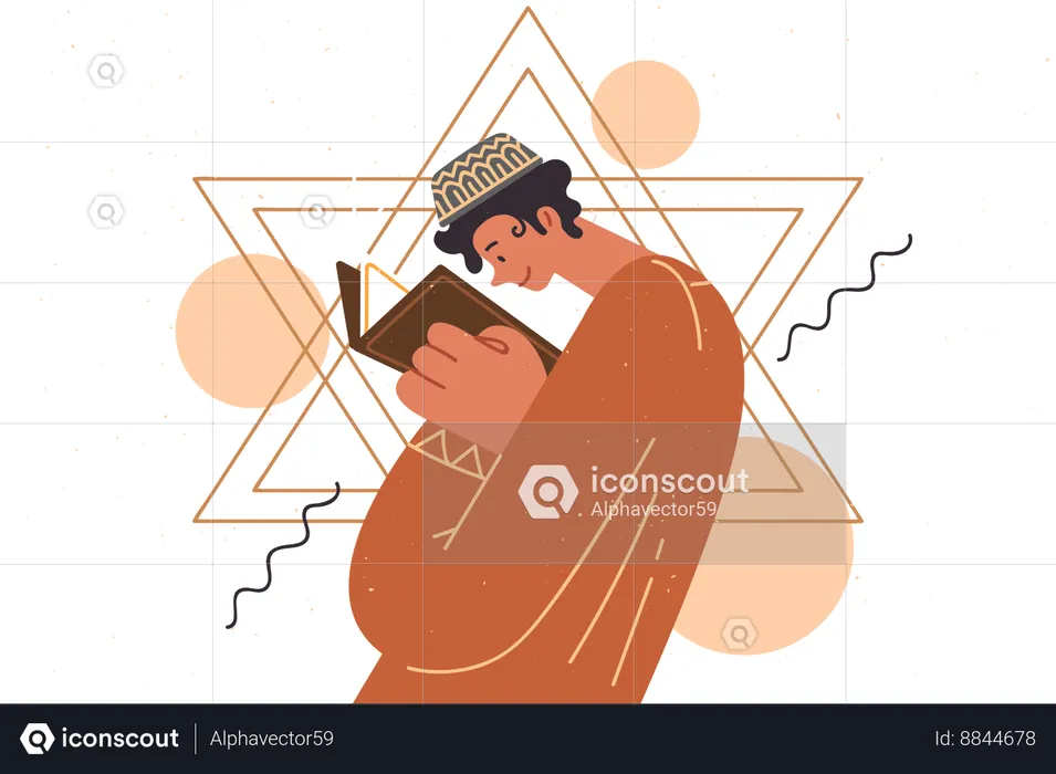 Jewish teenage boy reads torah with description of judaism  Illustration
