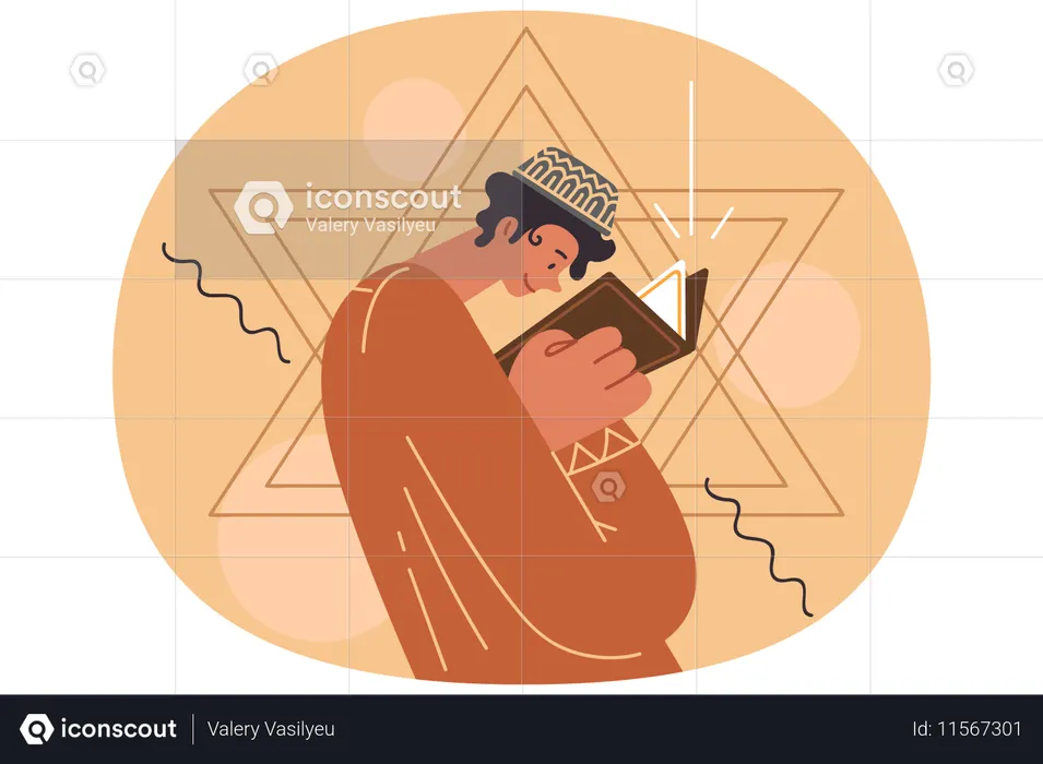 Jewish teenage boy reads torah with description of judaism standing near star of david  Illustration
