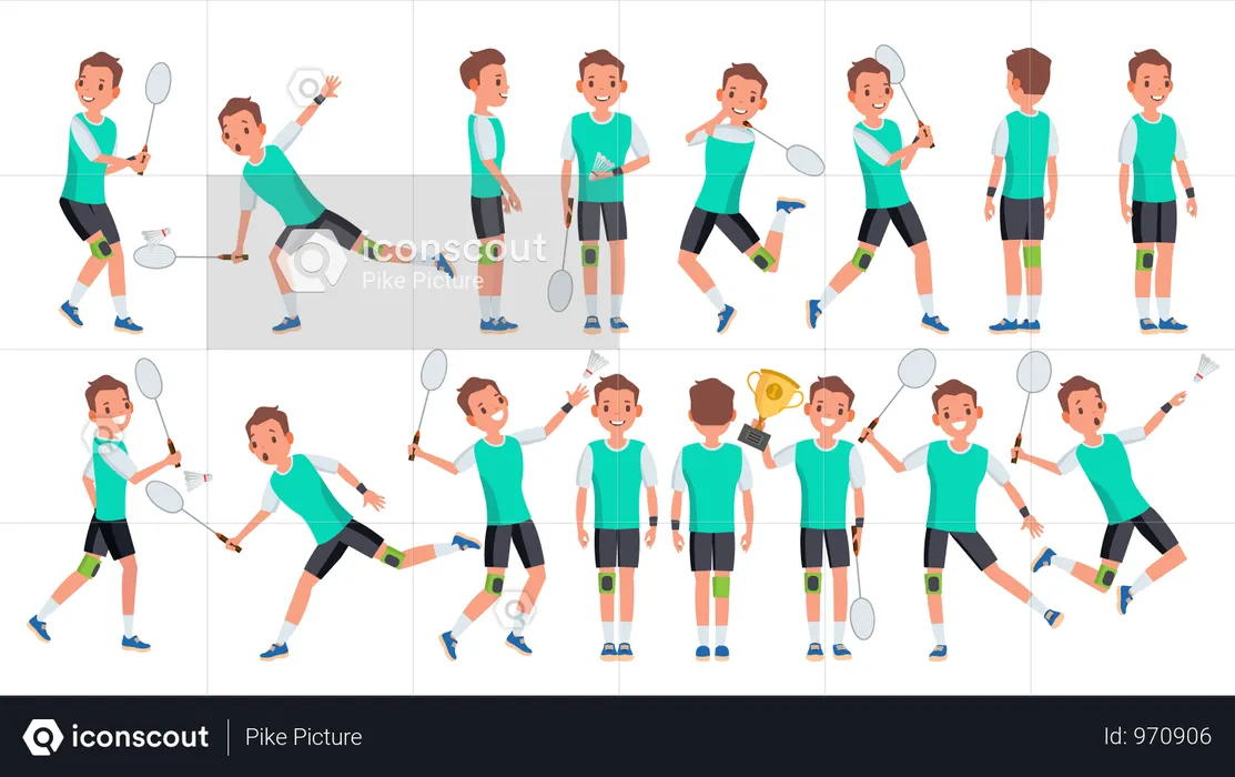 Vetor masculino do jogador de badminton. Atividade de verão. Treinamento de campeonato. Ilustração de personagem de desenho animado plano isolado  Ilustração