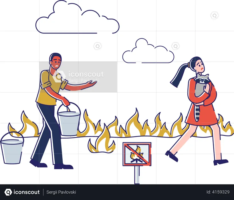 Jogar água em incêndio florestal salva menina  Ilustração