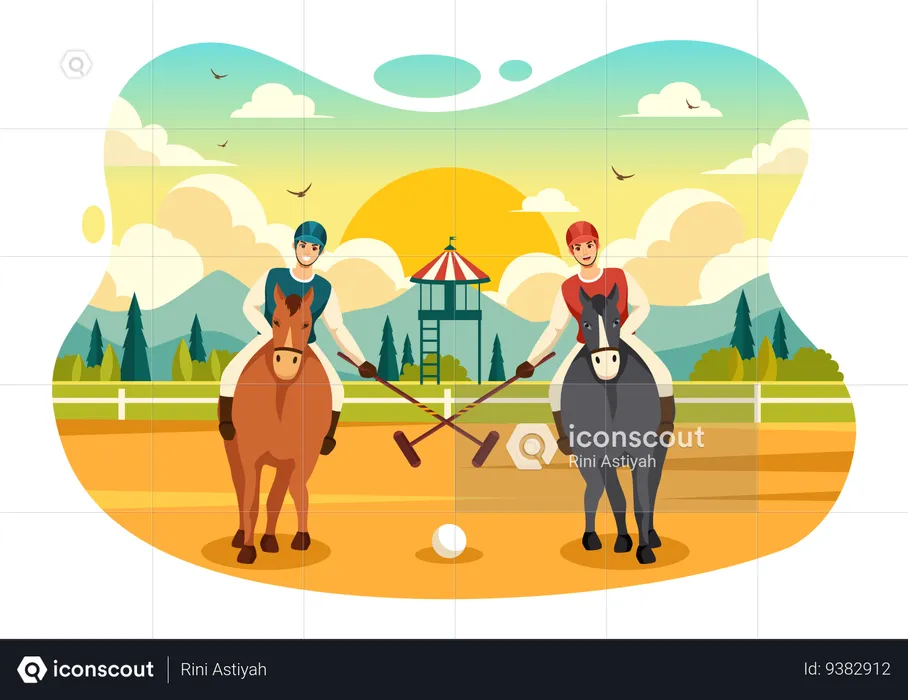 Jogo de polo a cavalo  Ilustração