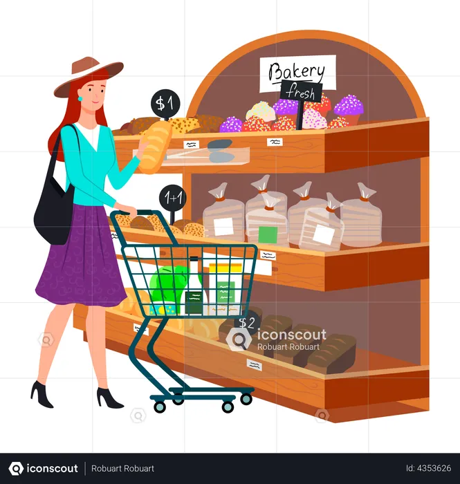 Jolie femme faisant des courses pour l'épicerie  Illustration