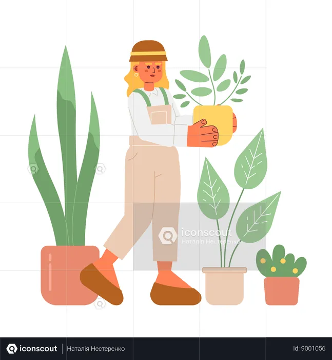 Jolie femme tenant une plante d'intérieur  Illustration