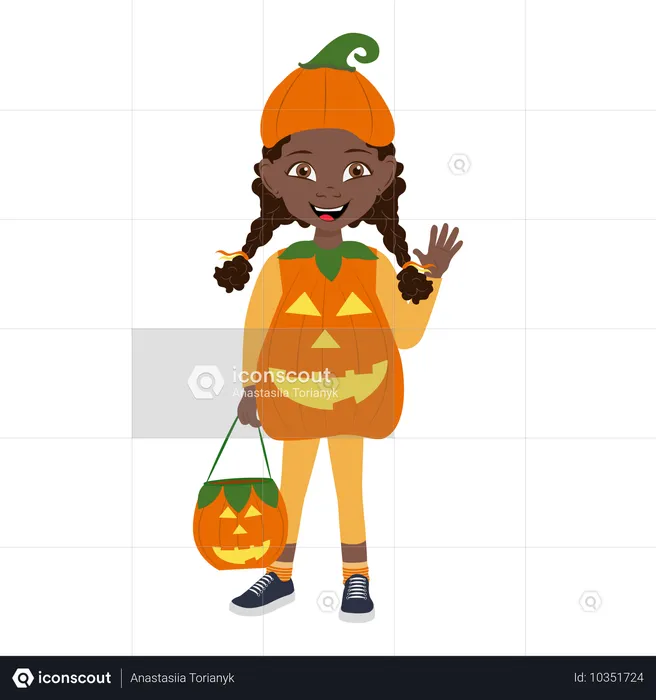 Jolie petite fille afro-américaine portant un costume d'Halloween en forme de citrouille  Illustration