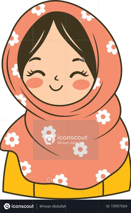 Jolie fille musulmane portant un hijab rose à motifs tout en souriant  Illustration