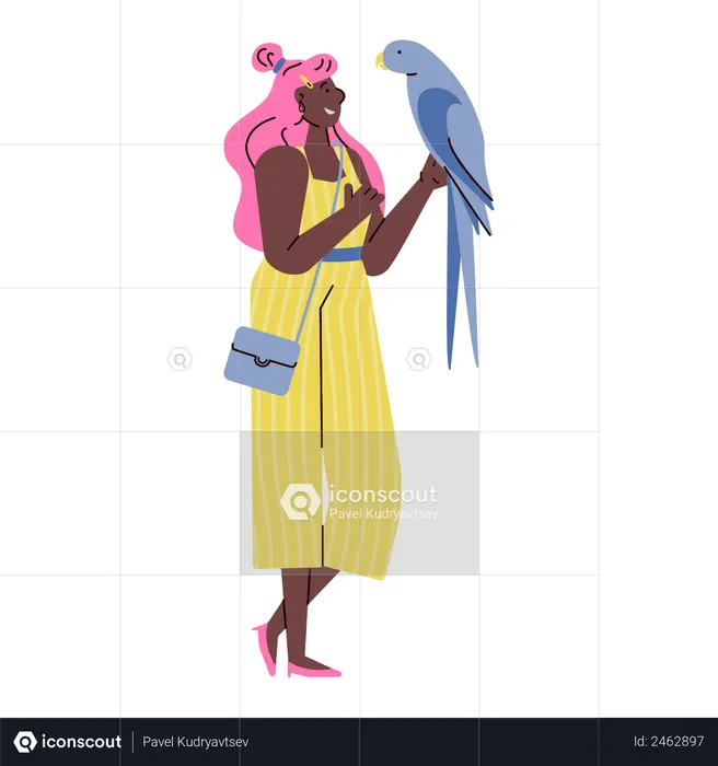 Jolie jeune femme en style doodle tenant un gros perroquet  Illustration