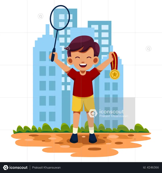 Joueur de badminton en compétition avec médaille d'or en mains  Illustration