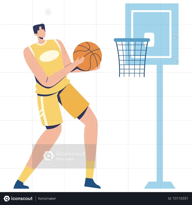 Un joueur de basket-ball frappe un ballon de basket pour marquer un but  Illustration