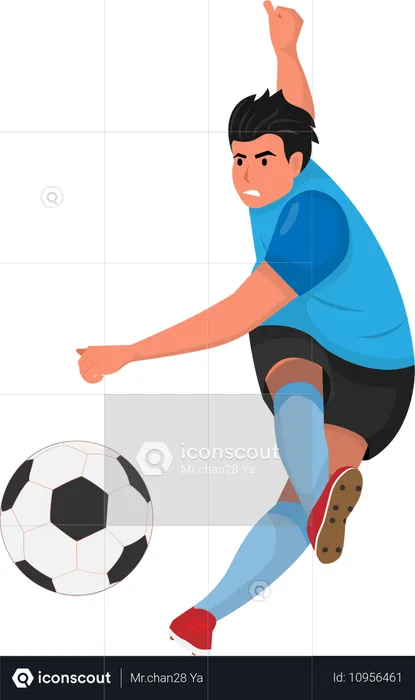 Un footballeur frappe le ballon avec force  Illustration