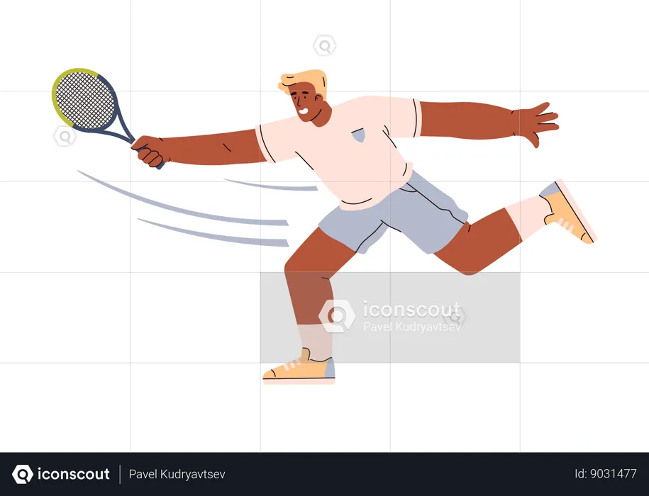 Joueur de tennis, homme à la peau foncée, pressé d'attraper et de frapper la balle avec une raquette  Illustration