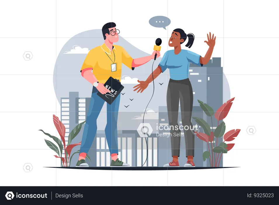 Journalist interviews a woman on the street  Illustration