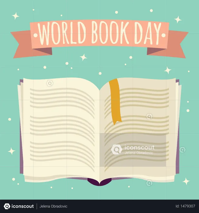 Journée mondiale du livre, livre ouvert avec bannière festive  Illustration