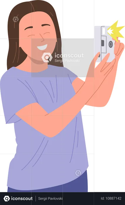 Jovem adolescente sorridente tirando foto com câmera digital  Ilustração