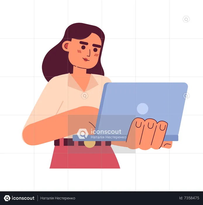 Mulher adulta jovem com laptop sorrindo  Ilustração