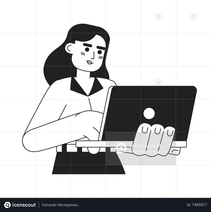 Mulher adulta jovem com laptop sorrindo  Ilustração