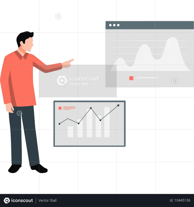Jovem apontando gráfico de negócios  Ilustração