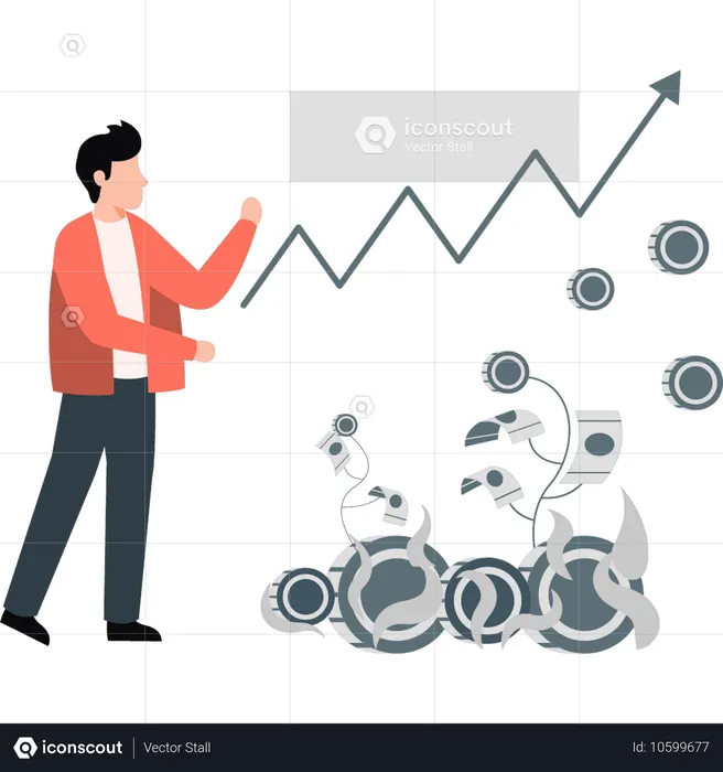 Jovem apontando gráfico de crescimento de negócios de investimento  Ilustração