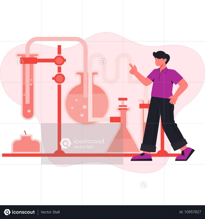 Jovem apontando reação química  Ilustração