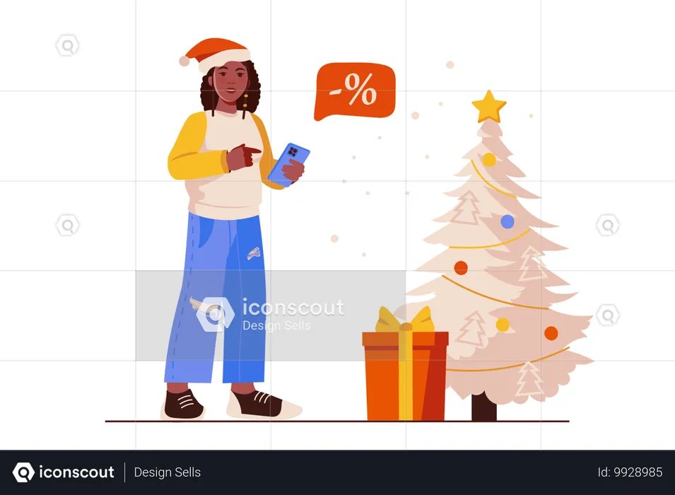 Jovem aproveitando a oportunidade para comprar presentes com descontos de Natal  Ilustração