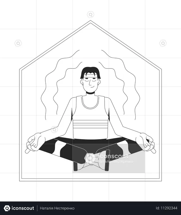 Jovem asiático de regata meditando em casa tranquila  Ilustração