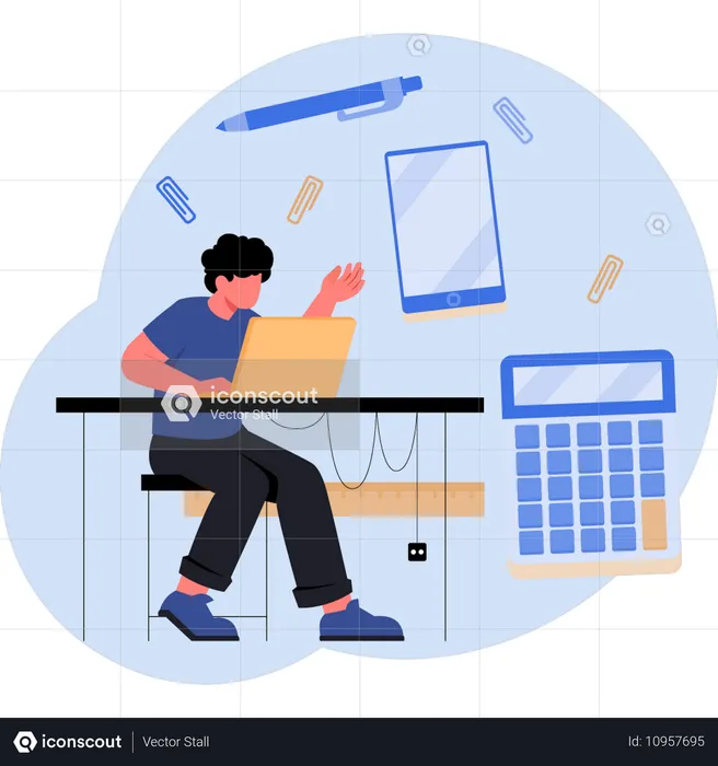 Jovem calculando trabalho de escritório  Ilustração