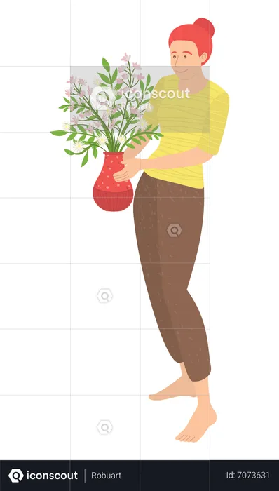 Jovem carrega vaso de flores  Ilustração