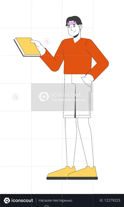 Jovem chinês segurando um livro em pose relaxada  Ilustração
