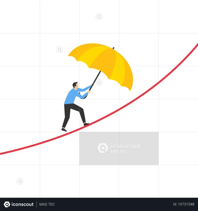 Jovem de terno anda na corda com um guarda-chuva na mão  Ilustração
