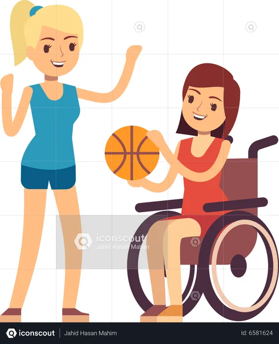 Mulher jovem com deficiência jogando basquete com um amigo  Ilustração