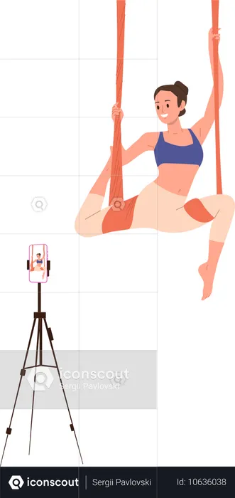 Jovem desportista a fazer ioga aérea a gravar vídeo tutorial para blog no telemóvel  Ilustração