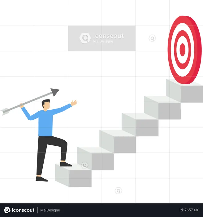 Jovem empresário empunhando uma flecha grande para subir a escada até o alvo  Ilustração