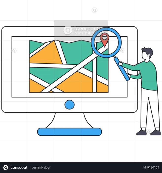 Jovem encontrando localização no computador  Ilustração