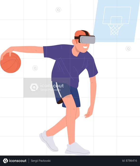 Jovem desportista usando óculos de headset VR jogando basquete  Ilustração