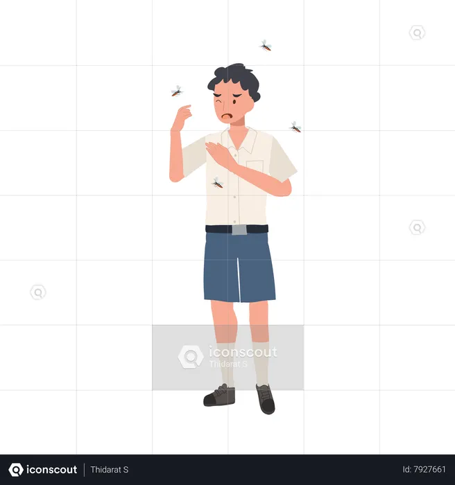 Jovem estudante tailandês de uniforme está ao ar livre e cercado por mosquitos, impedindo a propagação do vírus Zika  Ilustração